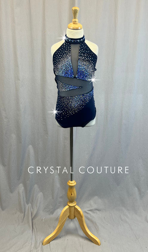Custom Navy Leotard with Mesh Cutouts and Strappy Back - Rhinestones