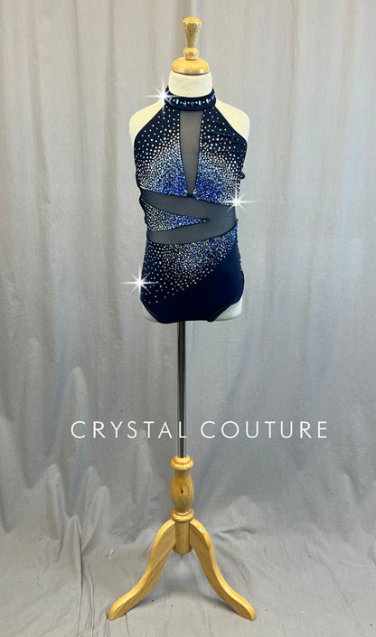 Custom Navy Leotard with Mesh Cutouts and Strappy Back - Rhinestones