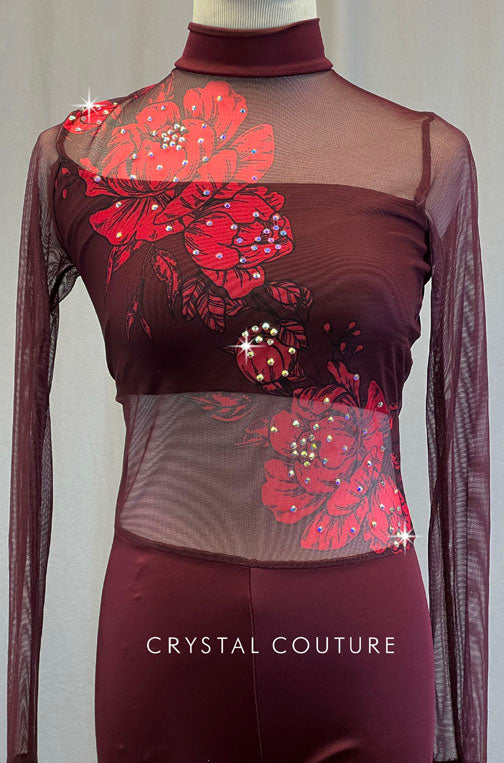 Maroon Unitard with Floral Print Mesh - Rhinestones