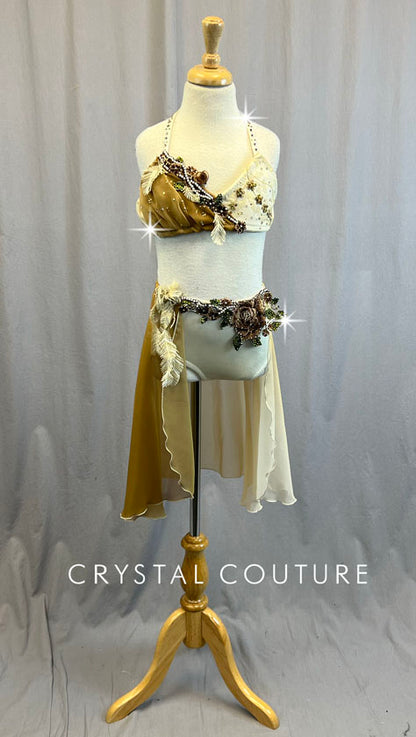 Custom Cream and Tan Two Piece with Back Skirt and Appliques - Swarovski Rhinestones