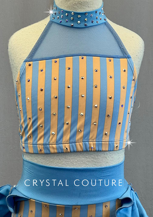 Peach & Blue Striped Two Piece with Ruffle Back Skirt - Rhinestones