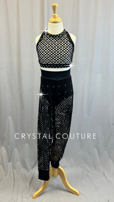 Black Mesh Racer Back Top & Cuffed Joggers - Rhinestones