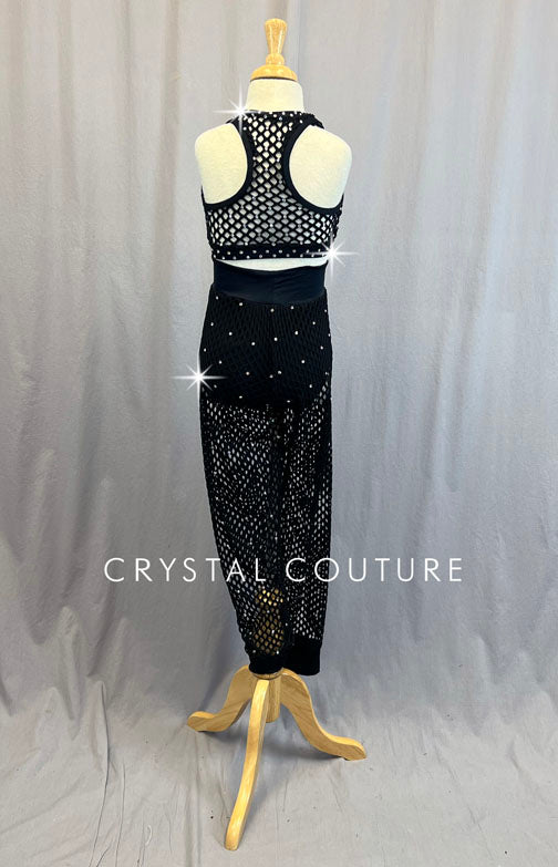 Black Mesh Racer Back Top & Cuffed Joggers - Rhinestones