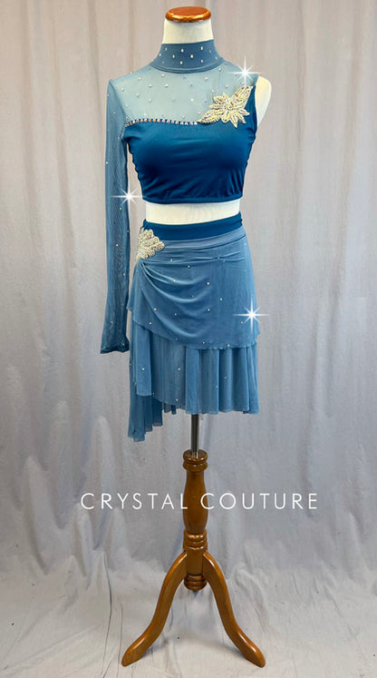 Teal Blue and Mesh Asymmetrical Two Piece with Layered Skirt - Rhinestones
