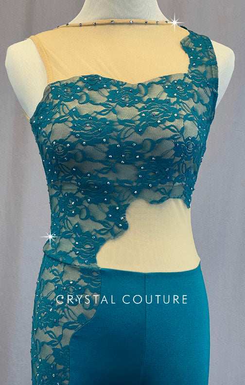 Teal Lace Asymmetrical Biketard with Nude Mesh - Rhinestones