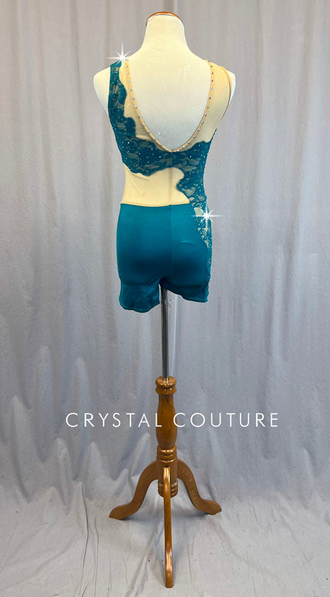 Teal Lace Asymmetrical Biketard with Nude Mesh - Rhinestones