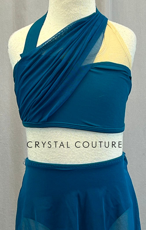 Teal Two Piece with Strappy Back and Mesh Drape
