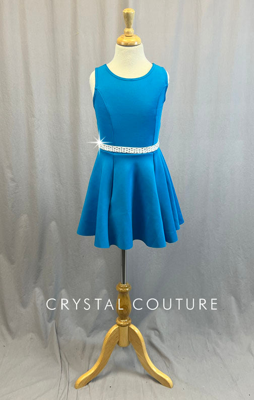 Bright Blue A-Line Dress with White Belt - Rhinestones