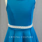 Bright Blue A Line Dress with White Belt and Cinch Back - Rhinestones