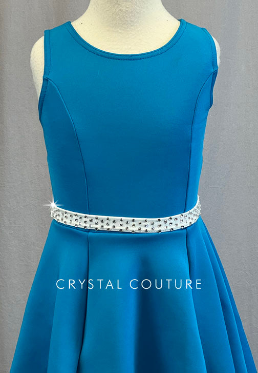 Bright Blue A Line Dress with White Belt and Cinch Back - Rhinestones
