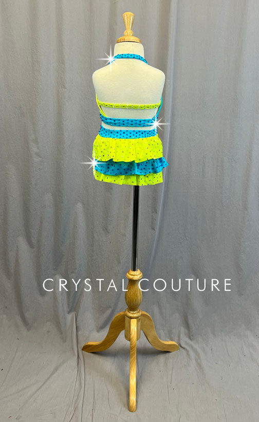 Custom Neon Yellow & Blue Two Piece with Layered Back Skirt - Rhinestones & Appliques