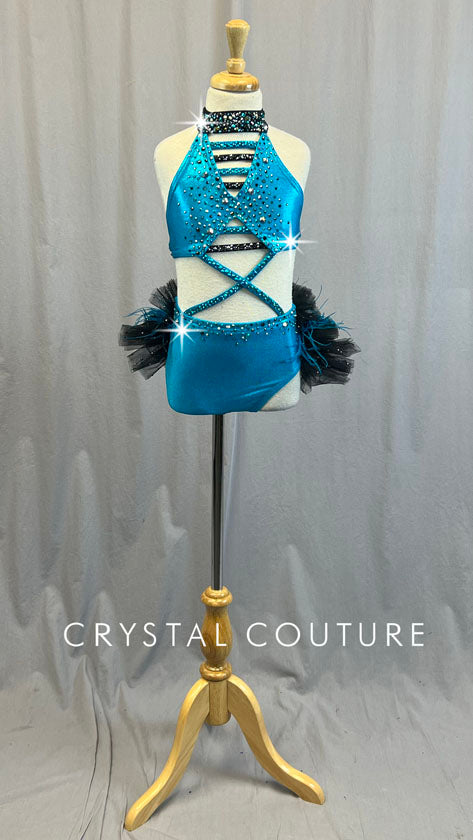 Custom Blue Shimmer Connected Two Piece with Strappy Detail and Back Bustle - Rhinestones