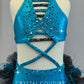 Custom Blue Shimmer Connected Two Piece with Strappy Detail and Back Bustle - Rhinestones