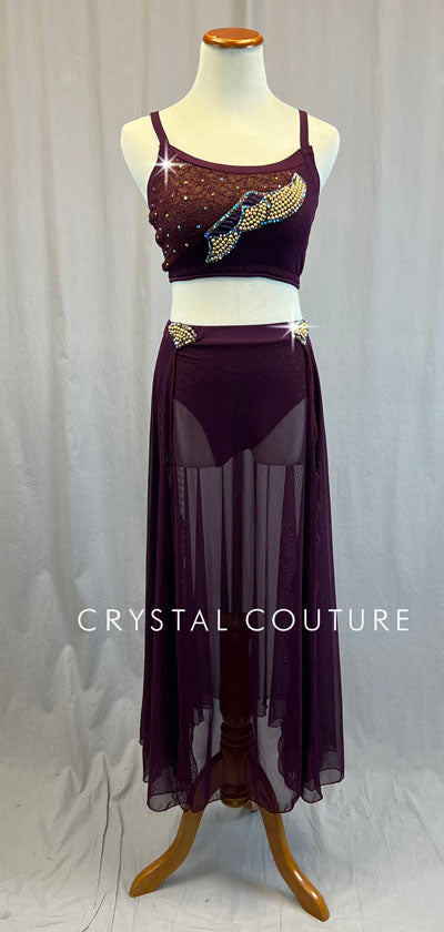 Custom Plum Two Piece with Long Skirt and Gold Beaded Appliques - Rhinestones