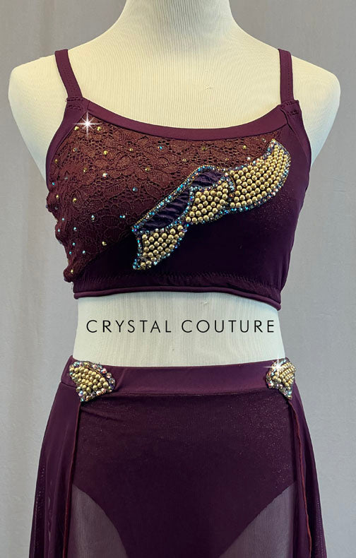 Custom Plum Two Piece with Long Skirt - Rhinestones & Gold Beaded Appliques