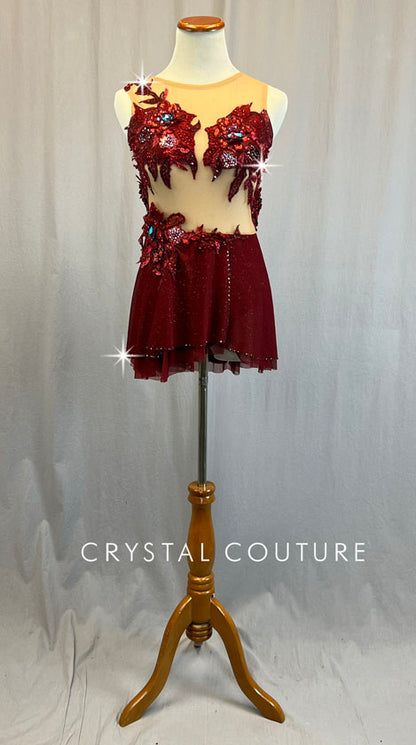 Custom Burgundy and Nude Leotard with Short Skirt and Appliques - Rhinestones