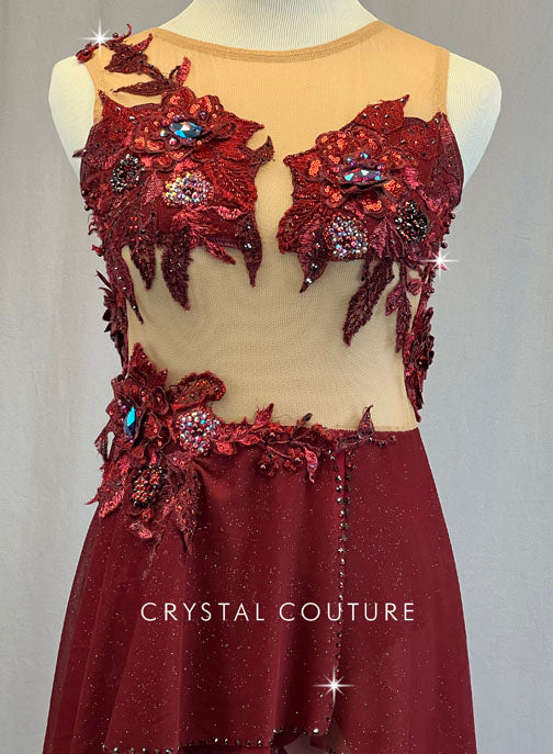 Custom Burgundy and Nude Leotard with Short Skirt and Appliques - Rhinestones