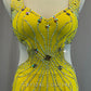 Custom Yellow Fringe Hem Dress with Side Cutouts - Rhinestones