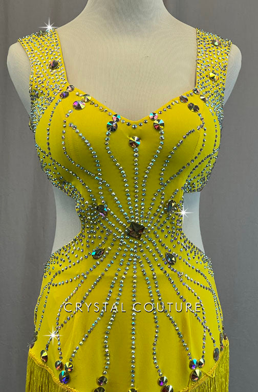 Custom Yellow Fringe Hem Dress with Side Cutouts - Rhinestones