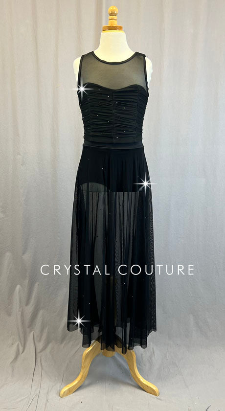 Black High Neck Ruched Two Piece with Long Skirt - Rhinestones