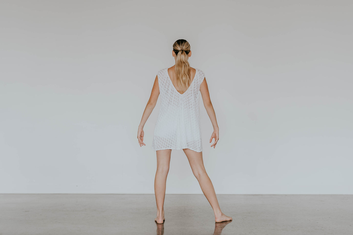 White Lace/Net Shift Dress with Booty Shorts - Swarovski Rhinestones