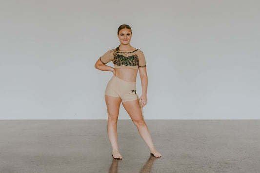 Custom Nude Net Crop Top & Trunks with Brown & Green Beaded Appliques