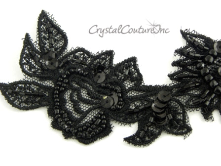 Black Applique lace, Bodice Applique Black Trim Beaded, Black 3D lace  Flower, lace Fabric Black Tulle for Dress BK (C7 Black)