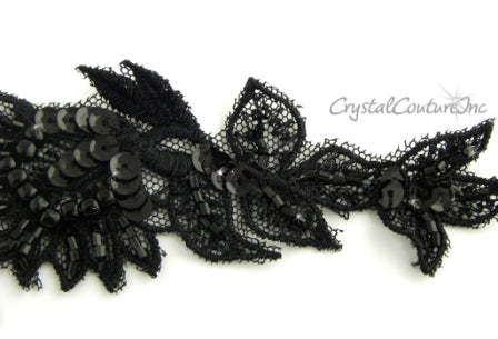 Black Applique lace, Bodice Applique Black Trim Beaded, Black 3D lace  Flower, lace Fabric Black Tulle for Dress BK (C1a Black)