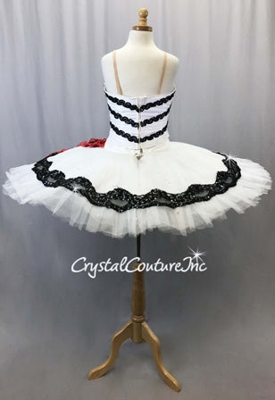 White Platter Tutu with Black & Red Accents - Swarovski Rhinestones