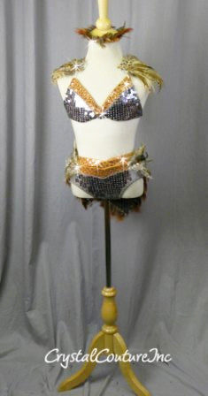 Silver & Bronze 2 Piece Top & Trunk/Skirt with Feathers - Rhinestones