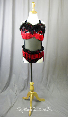 Custom Black Floral Lace & Red Lycra Costume with Fringe - Swarovski Rhinestones