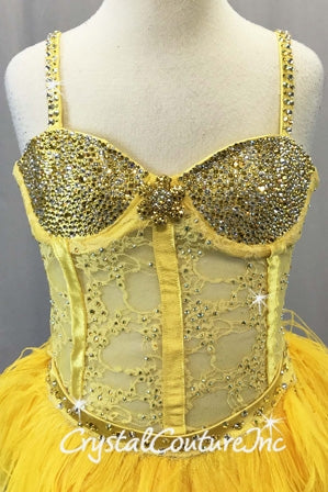 Bright Yellow Floral Lace Corset Style Leotard and Feather Skirt - Swarovski Rhinestones
