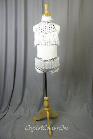 Shimmery White Halter Top and Trunk with Fringe - Crystal Rhinestones