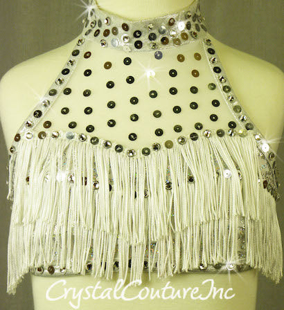 Shimmery White Halter Top and Trunk with Fringe - Crystal Rhinestones