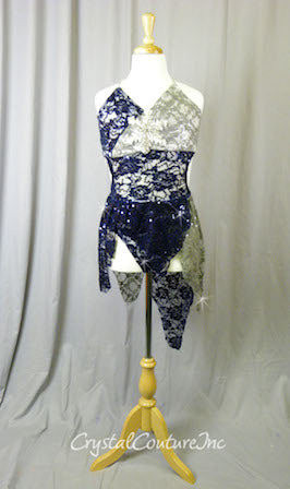 Custom Navy Blue and Grey Floral Lace Connected 2 Piece - Swarovski Rhinestones