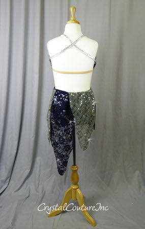 Custom Navy Blue and Grey Floral Lace Connected 2 Piece - Swarovski Rhinestones