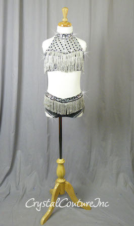 Shimmery Graphite Halter Top and Trunk with Fringe - Crystal Rhinestones