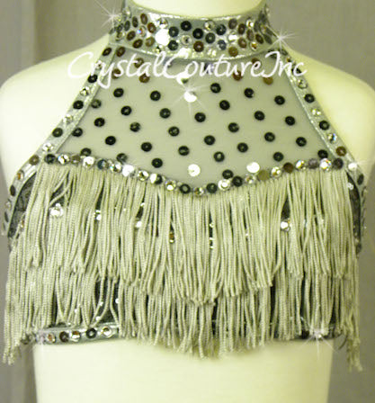Shimmery Graphite Halter Top and Trunk with Fringe - Crystal Rhinestones