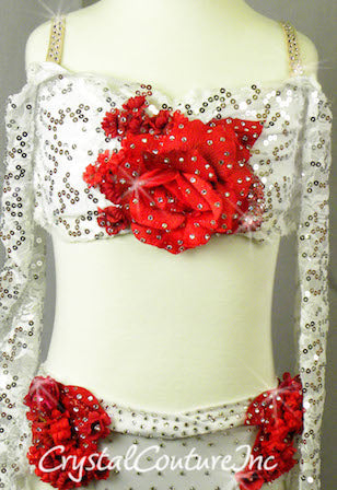 White Floral Lace Bra-Top and Trunk/Skirt with Red Accents - Swarovski Rhinestones