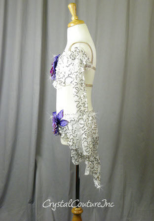 White Floral Lace Bra-Top and Trunk/Skirt with Purple Accents - Swarovski Rhinestones