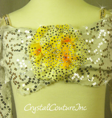 White Floral Lace Bra-Top and Trunk/Skirt with Yellow Accents - Swarovski Rhinestones