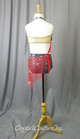 Gray Bra-Top & Trunk with Red Netting - Swarovski Rhinestones