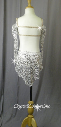 White Floral Lace Bra-Top and Trunk/Skirt with Blue Accents - Swarovski Rhinestones