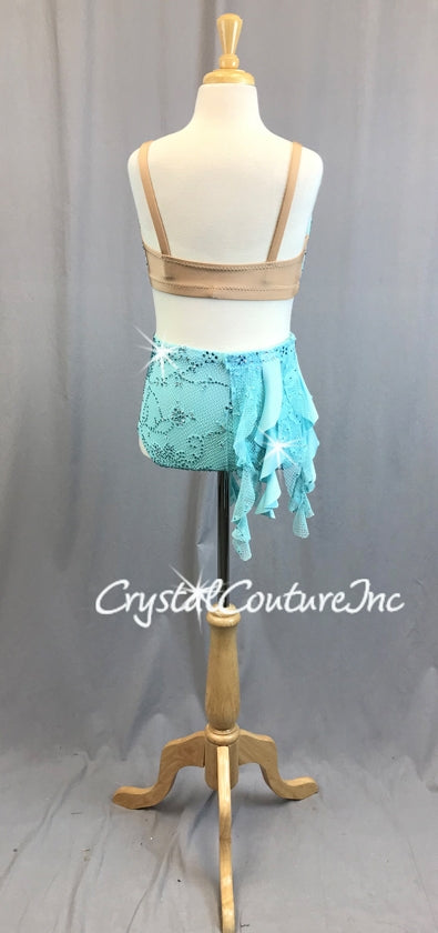 Lt Teal Blue Lace and Mesh Bra-Top & Booty Short/Skirt - Swarovski Rhinestones