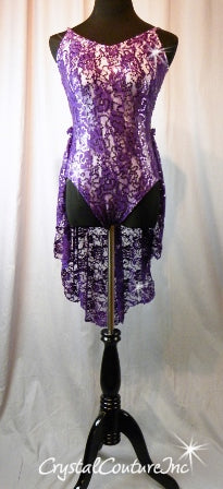 Purple Floral Lace Leotard over White Lycra with Skirt - Swarovski Rhinestones