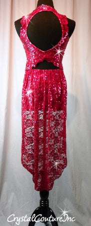 Custom Deep Magenta Lace Bra-Top and Trunk/Half Skirt - Swarovski Rhinestones