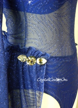 Custom Royal Blue Sheer Leotard with Long Sleeves and Draped Skirt - Swarovski Rhinestones