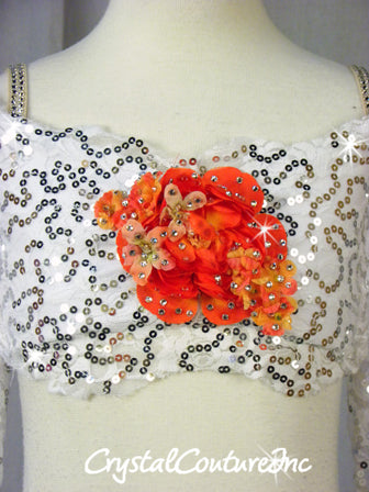 White Floral Lace Bra-Top and Trunk/Skirt with Orange Accents - Swarovski Rhinestones