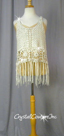 Ivory Crochet Top with Nude bra-Top & Bootie Shorts - Swarovski Rhinestones