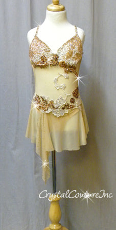 Nude Connected Bra-Top & Skirt with Bronze Accents - Swarovski Rhinestones